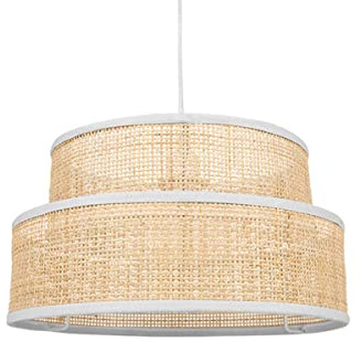 Ostaria 33025 Suspension Gigogne Ronde en paille de Bambou et bande de Tissu Beige 'Yuka' - 2 Abat Jour Gigogne - Douille à vis : E27 - Lustre suspendu en rotin + textile - Dim : D35 x H19.5cm