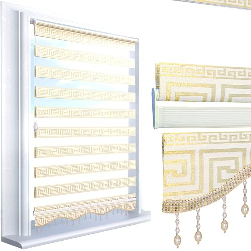 Brillant® Doppelrollo Klemmfix ohne Bohren – Medusa Barock Muster mit Glitzer, Duo-Rollo Blickdicht & transparent, mit Perlenzug, Fensterrollo für Fenster & Türen Gold Beige 110 x 200 cm (B x L)