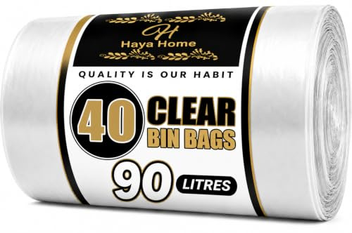 Haya Home 90L 40 Large Clear recycling bags Transparent Recycling Bin Bags, Rubbish Bags and Refuse Sacks 120 Gauge Bin Liners Heavy Duty Bin Bags Large Waste Bags Made From 100% Recycled Material