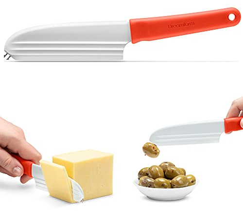 Dreamfarm Knibble Lite | Non-Stick Cheese Knife with Stainless Steel Forks | Multi-Functional Kitchen Knife for Slicing Spreading and Serving | Red | Slices hard and soft cheeses, spreads condiments, with barbed fork for serving and sharing charcuterie, 9