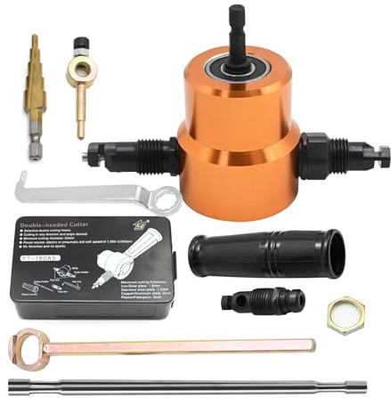 Zreneyfex 360 Degree Double Head Sheet Metal Nibbler Cutter, Drill Attachment Metal Cutter with Extra Punch and Die, Cutting Hole Accessory and Step Drill Bit, for Straight Curve and Circle Cutting