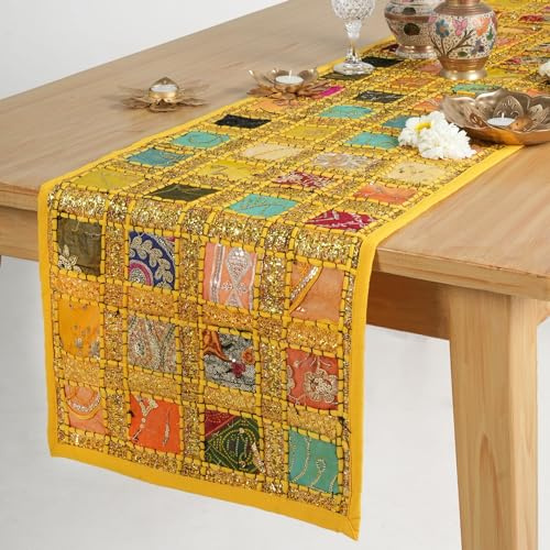 RAJRANG Baumwoll Tischläufer 30,5×183,9 cm Gelb Bunt, Handbestickt, Patchwork Deko für Hochzeit, Empfang und Wohnräume