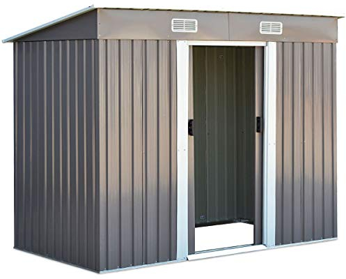 DREAMADE Capanno per Attrezzi da Giardino, Casetta in Metallo, Box con 2 Porte Scorrevoli e 4 Finestre di Ventilazione, Adatto per Riporre Attrezzi Agricoli, 238x131x181 cm, Grigio