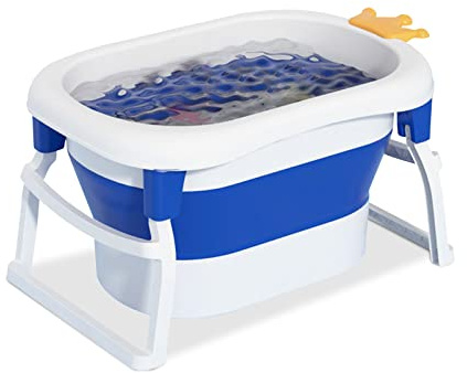Ergocar Krönen Babybadewanne Faltbar mit Abnehmbarer Sitz, Anti-Rutsch Klappbar Sicher Tragbar Kinderbadewanne für Babys, Rutschfest Stützbein, Duschkopf Fixed Port, Blau