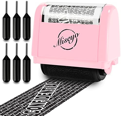 Miseyo Identity Theft Protection Roller Stamp Set - Pink (6 Refill Ink) | Personal Data Theft Prevention, Hiding Confidential Information,1.5inch Wide Address Blocker, Easy to Scroll, Refillable ink