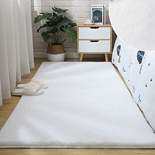 Hochflor Teppich Wohnzimmer Kunstfell Super Soft Einfarbig in Versch, Fellteppich ​Kunstfell Teppich Imitat in Creme Dicht Flauschig Seidiger Glanz, Farbe:Weiß,160 x 230 cm