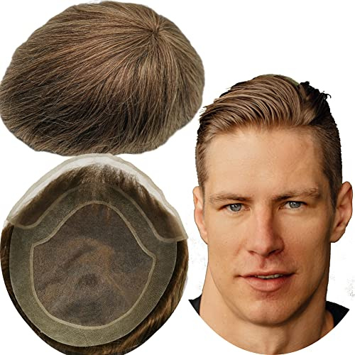 Echthaar Toupet für Männer,Yanahair Glattes Haar dünne französische Spitze gebleicht Knoten natürlichen Haaransatz Poly Haut Perücken Haut Haarsystem Europäische Perücke Mann(10x8,#4 hellbraun)