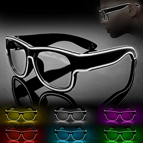 Ainiv Luminous Glasses, Neon Party & Rave Glasses för Fester, Dj & Edm, 80-Tal, Halloween & Jul (Vit)
