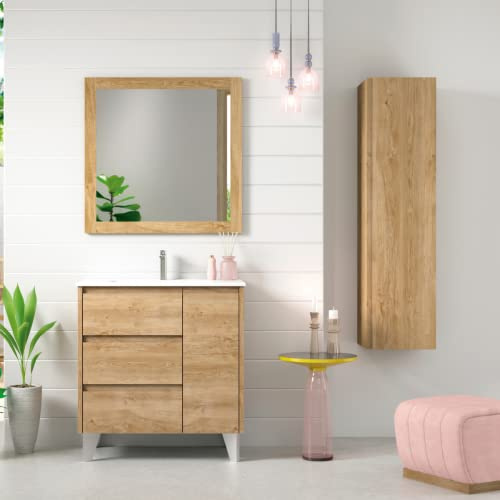 Mueble de Baño al Suelo con Lavabo Cerámico Cervino | Mueble Baño con Patas de 3 cajones y 1 Puerta con Cierre Amortiguado y Organizador Máximo Almacenamiento | Roble Natural | 100cm