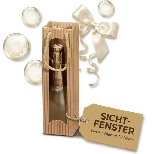 KK Verpackungen Tragetasche Piccolo 75x65x260mm | 20 Stück, Offene Welle mit Folienfenster | Einzelflasche 0,375l | Naturbraun recyclebar ökologisch