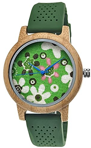 Holzwerk Germany Handgefertigte Designer Damen Öko Natur Holz-Uhr Armband-Uhr Analog Klassisch Quarz-Uhr Grün Silikon Kautschuk Armband und Blumen Baumwoll Ziffernblatt