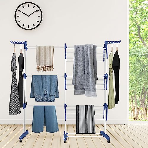 RELOVE Stendibiancheria pieghevole,asciugatrice per vestiti,portatile,grande essiccatore per biancheria,pieghevole,a 3 livelli,salvaspazio,asciugatrice per vestiti (75-142,5*64*170cm-blu+bianco)