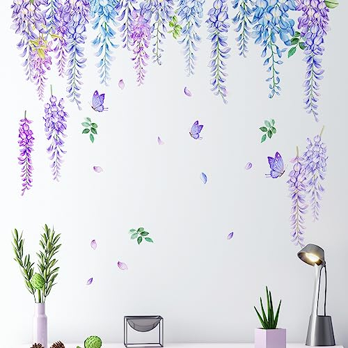 fanquare Lila Blume Rebe Wandtattoo Hängende Glyzinie Floral Vines Zweige Wandaufkleber für Schlafzimmer Wohnzimmer Sofa TV Hintergrund Dekoration