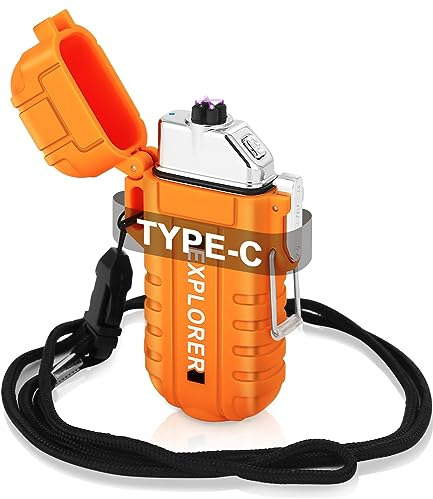 jutyum Mechero eléctrico,Kit de mecheros de Doble Arco Resistente al Agua y al Viento,USB Mechero Recargable con Linterna,Tipo C Encendedor Electrico para Camping,Senderismo,Equipo de Supervivencia