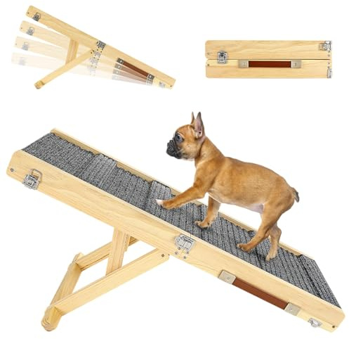 Pawaboo Rampa Pieghevole per Cani Gatti, Rampa in Legno da 81 x 30 x 6 cm Portatile Per Animali Domestici con 4 Altezze Regolabili con Tappetino Antiscivolo per Letto Basso, Scale, Divano, Legno
