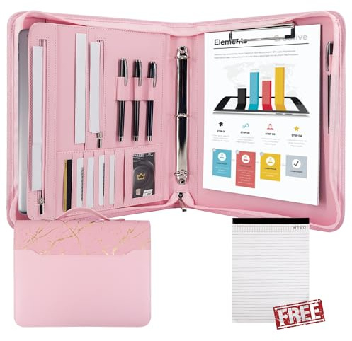GraduatePro Schreibmappe A4 Leder Dokumentenmappe Business Tablet Mappe Ordner Klemmbrettmappe mit Deckel Organizer Reißverschluss Portfolio Rosa Marmor