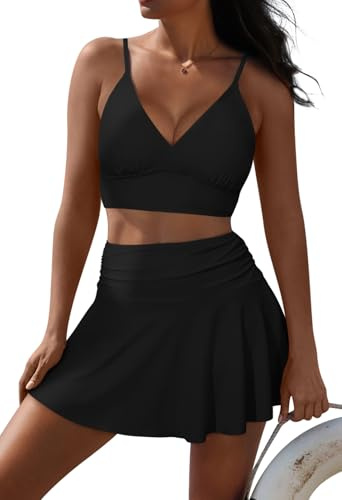 Pink Queen Women's High Waisted Bikini Set Two Piece Swimsuit V Neck Spaghetti Straps Swim Skirt Bathing Suit Black M