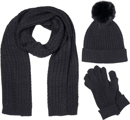 styleBREAKER Damen 3-Teilig Winter Set Schal Mütze Handschuhe | Zopfmuster Strick, 175x28cm Tuch, Kopfbedeckung für 59cm Umfang mit 9cm Fake-Fur Pompon, Handwärmer für 16-21cm Handumfang.