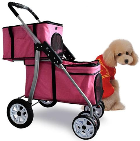 DECORN 4-Rad-Doppel-Haustier-Kinderwagen für Hunde und Katzen – 2-lagiger Haustier-Reise-Kinderwagenträger, Trolley-Jogger – Ideal für Reisen mit Zwei oder Mehreren Haustieren,Pink