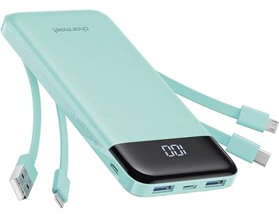 charmast Portable Charger with Built in Cables, Power Bank with Cords Wires, Slim 10000mAh Travel Battery Pack 6 Outputs 3 Inputs 5A Fast Charging for Samsung Google Pixel LG Moto iPhone iPad