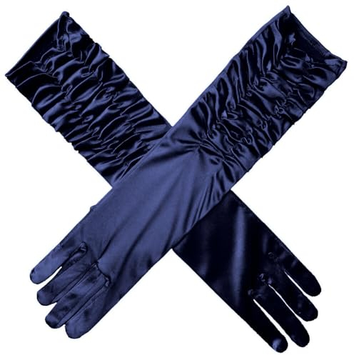 Asudaro Satin Brauthandschuhe Plissierte Abendhandschuhe Mittellange Hochzeitskleid Handgelenk Lange Finger Handschuhe Braut Hochzeit Shows Urlaub Parteien Proms und Bankette Hand Dekor Dunkelblau