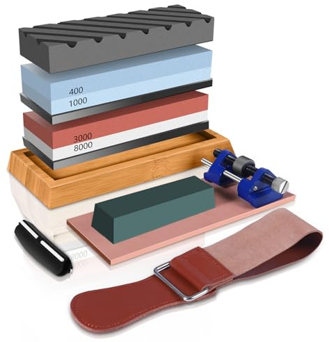 Sharpening Stone Set, Semai Premium Whetstone 400/1000 & 3000/8000 Grit Waterstone Kit​, Knife Sharpener Stone with Non-Slip Bamboo Base, Strop, Flattening Stone,Polishing Compound and Honing Guide