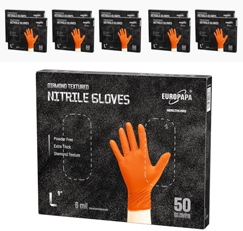 EUROPAPA® 500 Stück (10x50) extra Dicke Nitrilhandschuhe DiamantGrip Diamant Perfect Grip Einweghandschuhe Montageschutzhandschuhe puderfreier latexfreier Arbeitshandschuhe (6 mil, L, Orange)