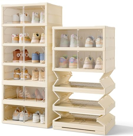 BTGGG Shoe Storage Cabinet 6 Tier Plastic Shoe Boxes Clear Stackable Shoes Cabinet for 12 Pairs, Installation-Free Tall Clear Plastic Storage Boxes for Sneakers Trainers Heels, Hallway, Wardrobe