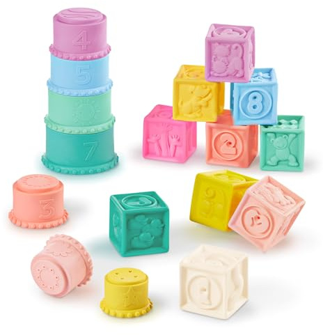 B. leksaker – sensoriska babyleksaker – mjuka babyblock – stapla droppkoppar – siffror, former och djur – 6+ månader – Stackin' Squishies