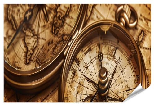 islandburner XXL Bild Poster Steampunk Taschenuhr Kompass mit gravierte Karte in digitaler detailreicher Darstellung Premium Bilder Fotodruck