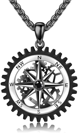 HUKKUN Kompass Halskette in 925er Sterlingsilber mit schwarzem Kompassanhänger - Schmuck für Männer als Geschenk für Vater und Ehemann