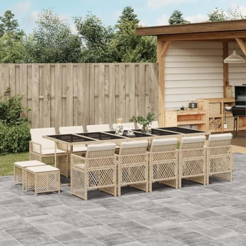 Homgoday 15-TLG. Garten-Essgruppe mit Kissen Gartenmöbel Set Balkonmöbel Sitzgruppe, Gartenstuhl Gartentisch Terrassenmöbel Stühle mit Tisch Gartengarnitur Beige Poly Rattan