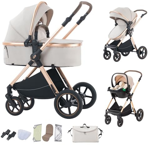 BEBBY BEBBY Cochecito de bebé 3 en 1,Carricoche Combinado Paisaje Alto Marco de Aluminio Para Recién Nacido0-22KG,Portátil Carrito Bebe 3 en 1 Con Asiento De Auto ((D2) RICEWHITE, H2-D)