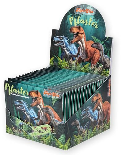 Lutz Mauder Kinder Pflaster Display Set mit 20 Pflasterbriefchen mit 2 Größen (200 Einzelpflaster), Kita, Kindergarten, Arzt, Hort, Erzieher, Geburtststag, Gastgeschenk (Dinos-1)