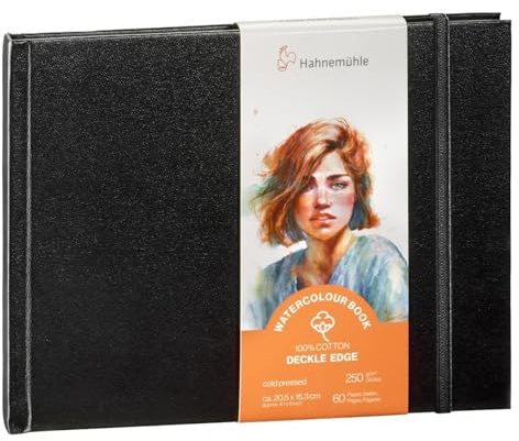 Hahnemühle Watercolour Book Deckle Edge, Aquarellbuch mit gerissenen Rändern, 100% Baumwolle, 250 g/m², matt, 30 Blatt/60 Seiten (ca. 20,5x15,3 cm/Landschaftsformat)