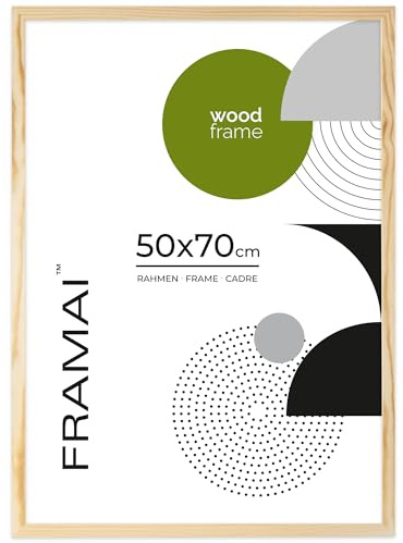 FRAMAI Bilderrahmen 50x70 cm, Natürlich, Natur Holz Rahmen, Echtholz Bilderrahmen, Rahmen mit Bruchsicheren Plexiglas, Aufhänger und Aufsteller