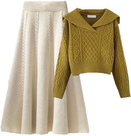 Damen Strickset, einfarbig, kurz, Strickpullover, schmal, halblang, halblanger Rock, zweiteiliges Set, Zweiteiliges Set 19, M