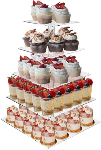 LOPYXBR 5 Tier Cupcake Stand Square, Acrylic Cake Stand 5 Tier, 4 Inch Height Acrylic Display Stand for Cake, Clear Dessert Pastry Tower, Cup Cake Stand for Wedding Birthday Bar Party Décor(Square)