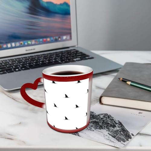 AELKSP Tasses Magique Mugs Change De Couleur en Fonction De La Température du Liquide,Mug Cadeau Original Tasse pour 330ml, Motif d'ailerons de requin sur fond blanc. Imprimé requin.