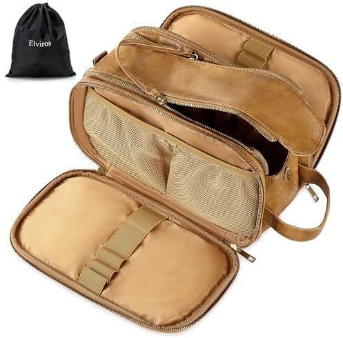 Elviros Kulturbeutel Herren, Geschenke für Männer, PU-Leder Wasserdicht Reise Große Öffnung Kulturbeutel, Geeignet für Reisen, Geschäftsreise, Fitness, Badezimmer, Toffee, Größe: L