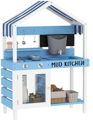 AIYAPLAY Kids Mud Kitchen with Stoves Sink Faucet for Boys & Girls Blue | Outdoor Play Kitchen, Storage Shelves, Cookware Accessories, Pretend Wooden Playset, Garden Toys