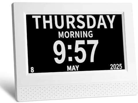 Goxiry 7 Pouce LCD Horloge Numérique, Calendrier avec Date Jour Et Heure Non-Abrégée Auto Dimming, 10 Langues HD Display Rappel pour Alzheimer Personnes Âgées Enfants (Blanc)