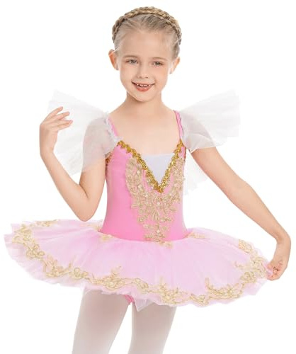 IWEMEK Kinder Ballettkleidung M�dchen Ballettkleid �rmellos Spitze Bestickte Tutu Rock Dancewear Balletttrikot Ballettanzug Gymnastik Tanzkleid rosa 4-5 Jahre