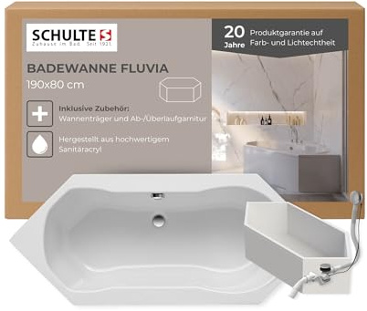 Schulte Sechseckbadewanne Fluvia 190x80 cm, Komplettset inkl. Wannenträger, Ab- und Überlauf, aus hochwertigem Acryl in Weiß glänzend