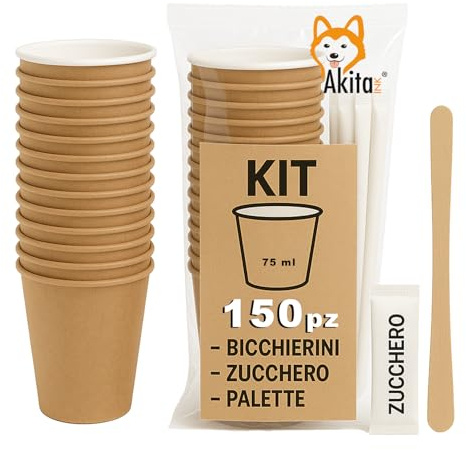 AKITAInk Set 150 Bicchierini Caffè 75ml in Carta + 150 Palettine in Legno + 150 Bustine Zucchero – Kit Monouso Riciclabile per Espresso, Bar, Ufficio, Asporto, Ristoranti, Casa