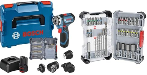 Bosch Professional 12V System Akku Bohrschrauber GSR 12V-15 FC - FlexiClick System (inkl. 2x 2.0 GBA 12V Akku, Ladegerät) + 35x Extra Hard Schrauberbit‑ und CYL-3 Bohrer-Set (197 x 110,5 mm)