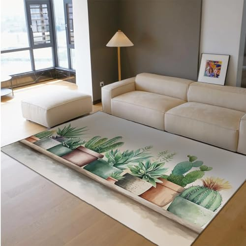UERWOWELL Greenery Decor Area Rug Tropical Cactus & Succulent Plant Pot Pattern Thin Carpets for Living Room Bedroom Kitchen Farmhouse 180x280cm