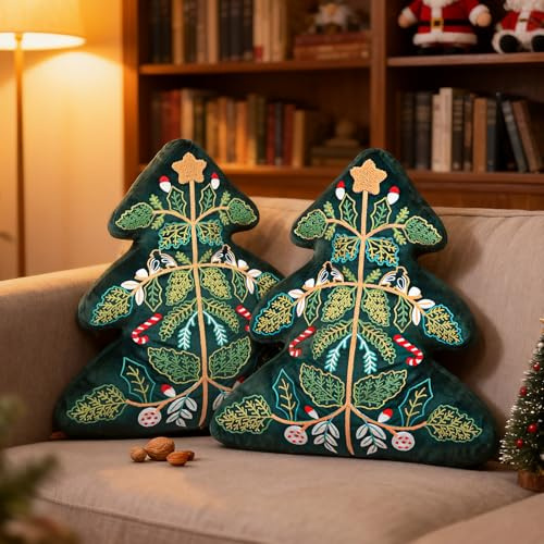 Lanpn 2 Stück Weihnachtsbaum Kissen Weihnachtskissen, Weihnachts Kissen Dekokissen Flauschiges Zierkissen mit Gestickte Blättern für Geschenk Party Bett Sofa Weihnachtsdeko (Grün, 41x45,5cm)