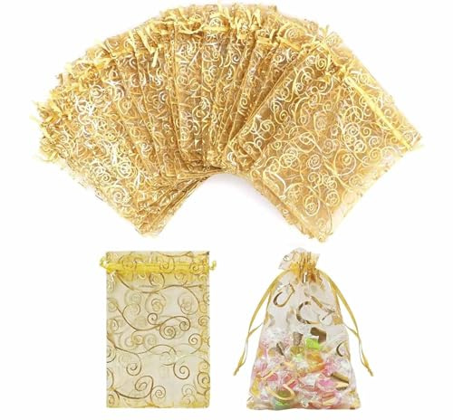 KYRYD 120 Stück Organzasäckchen, Transparent Geschenksäckchen mit Zugband | Weiches Reißfestes Organza Stoff, Wiederverwendbare Schmucksäckchen, für Hochzeit, Party, Bonbons und Geschenkverpackung