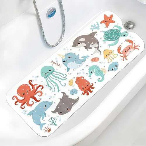 Vookkp Tapis Bain Antiderapant Bebe 100x40cm Tapis de Bain Bebe sans BPA Motif Marin Tapis de Douche Antidérapant pour Enfant Résistant à la Moisissure et Lavable en Machine